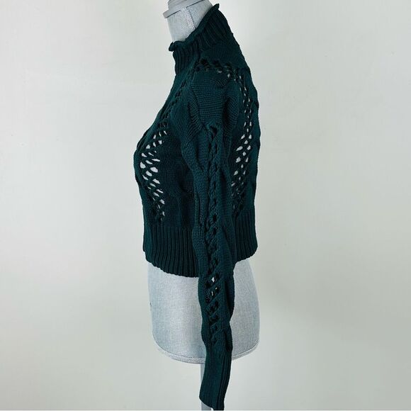 Express Dark Green Cable Knit Open Weave Sweater SZ XS Mock Neck Cropped - Picture 3 of 9
